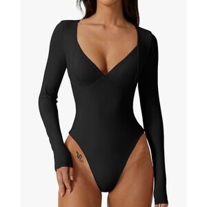 QINSEN Womens Long Sleeve Sweetheart V Neck Bodysuit Black Sculpting Thong XS